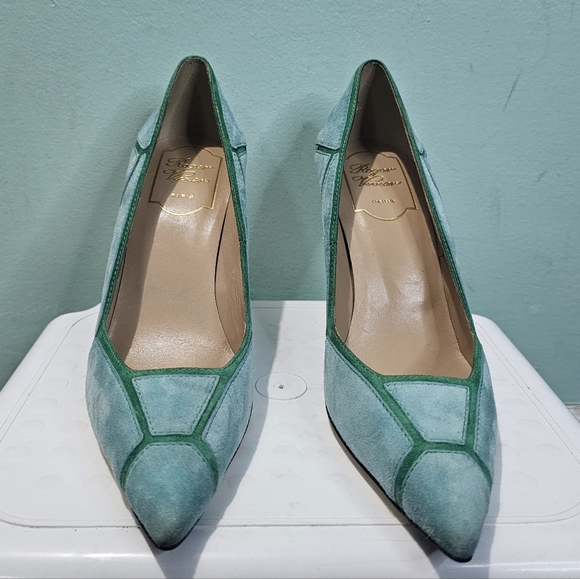 NEW ROGER VIVIER Green Suede Two Tone Leather Pointed Toe Stiletto Heels sz 36 - Picture 5 of 15